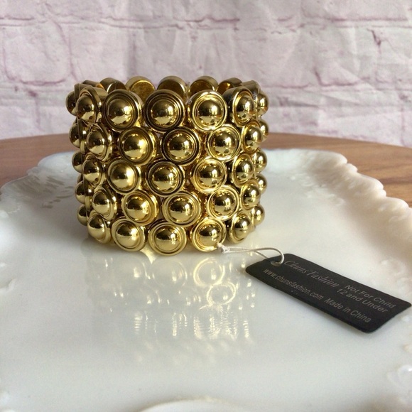 Gold Textured Cuff Stretch Bracelet with Spherical Beads - Picture 2 of 4